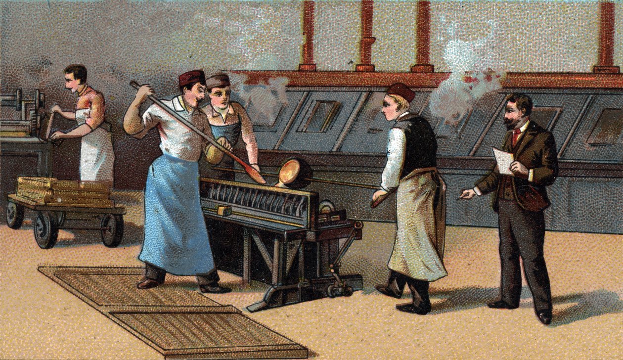 Mynttillverkning, guldblad. Kromolitografi från slutet av 1800-talet av Unknown artist