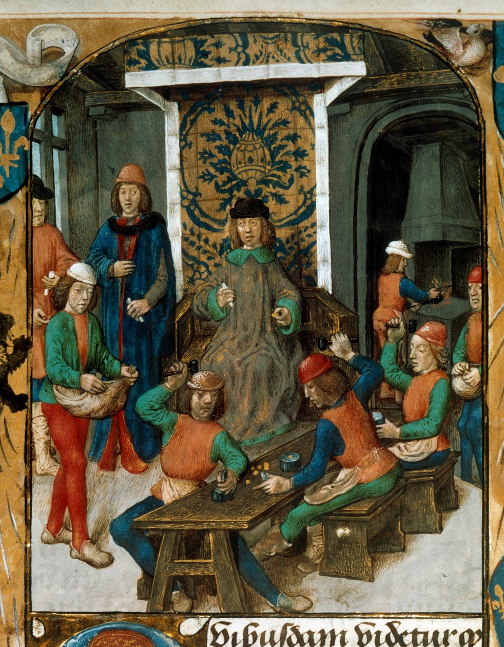 Myntprägling under medeltiden. Miniatyr från ett utkast till valuta (troligen De Moneta) av Nicolas Oresme (1320-1382). 1300-talet f.Kr. Paris av Unknown artist
