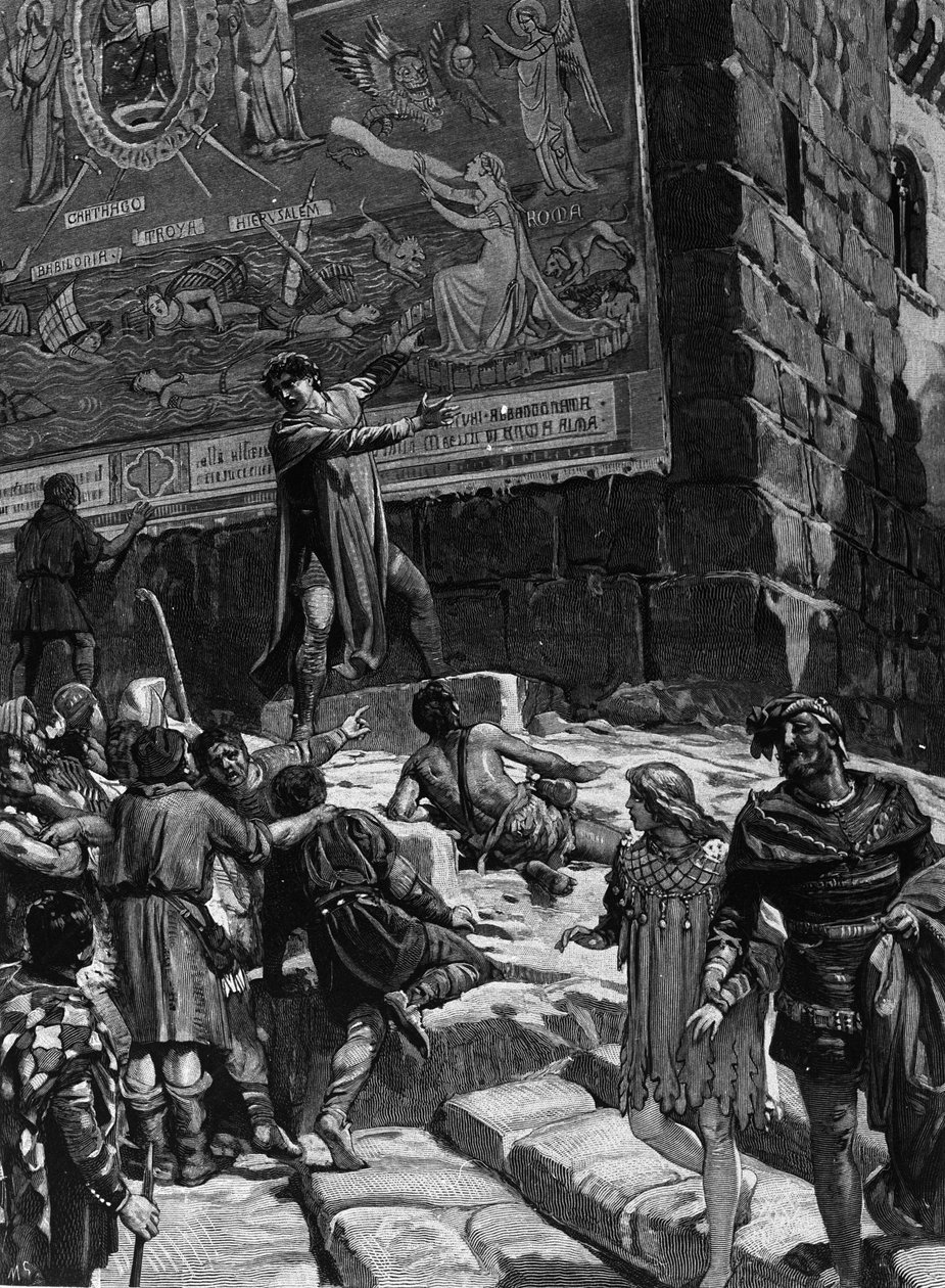 Cola di Rienzo (1314-1354), i kampanjen för att bli en tribun för det romerska folket, förklarar för folket i Rom de fresker som han hade installerat i Capitolium som symboliserar Roms vånda i ett dechainee-hav omgivet av Troja, Jerusalem, Kartago och Ba av Unknown artist