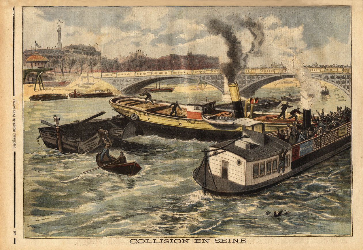 Kollision på Seine mellan en engelsk ångbåt och en omnibus peniche i Paris, i höjd med den kungliga bron. Gravyr i "" Le petit journal"" 1897-02-07. Selva samling. av Unknown artist