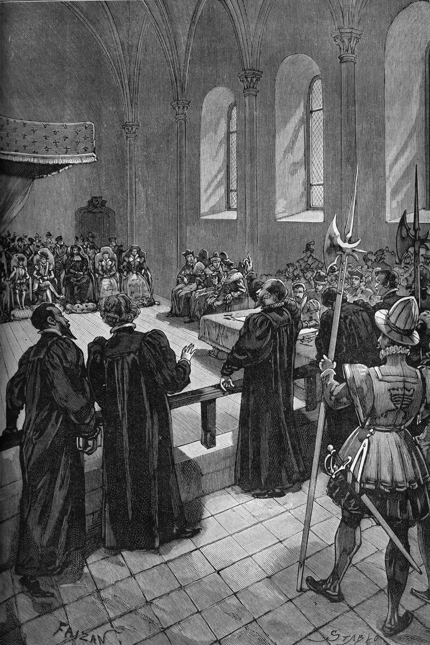 Colloquium of Poissy (1561). Tal av den schweiziske kalvinisten Theodore de Beze (1519-1605) (mitten, bak), chef för den protestantiska delegationen. av Unknown artist
