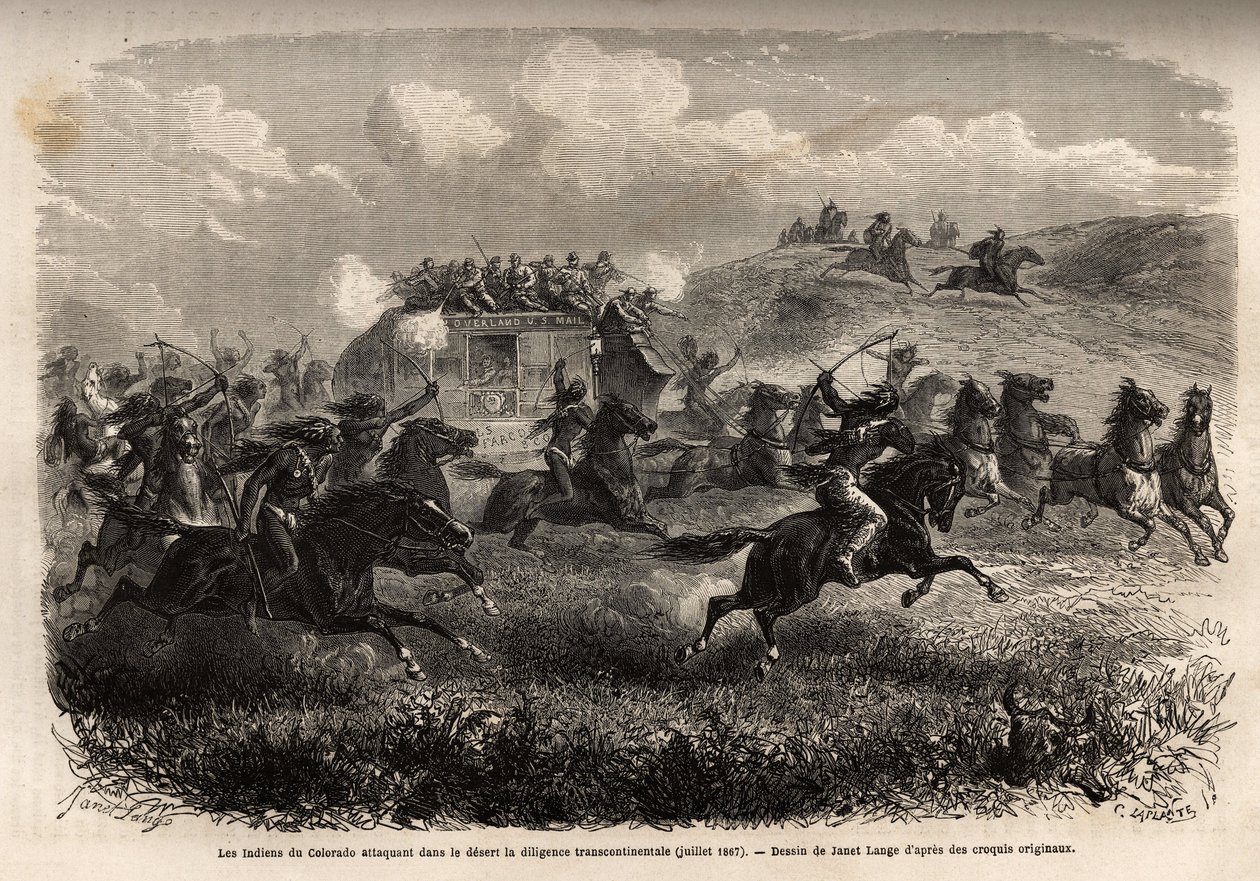 Coloradoindianer attackerade transkontinental flit i öknen i juli 1867. Gravyr för att illustrera resan till amerikanska fjärran västern, av M. L. Simonin, 1867, publicerad i "Le tour du monde, nouveau journal des voyages", redigerad av Edouard Chart av Unknown artist