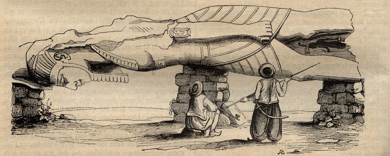 Kolossen av Ramses II hittades 1820, nära den södra porten till templet i Ptah som ligger cirka trettio meter bort, av den italienska resenären Giovanni Battista Caviglia - gravyr från 1838 - Statyn av Ramses II som upptäcktes 1820 av Giovanni Battista av Unknown artist
