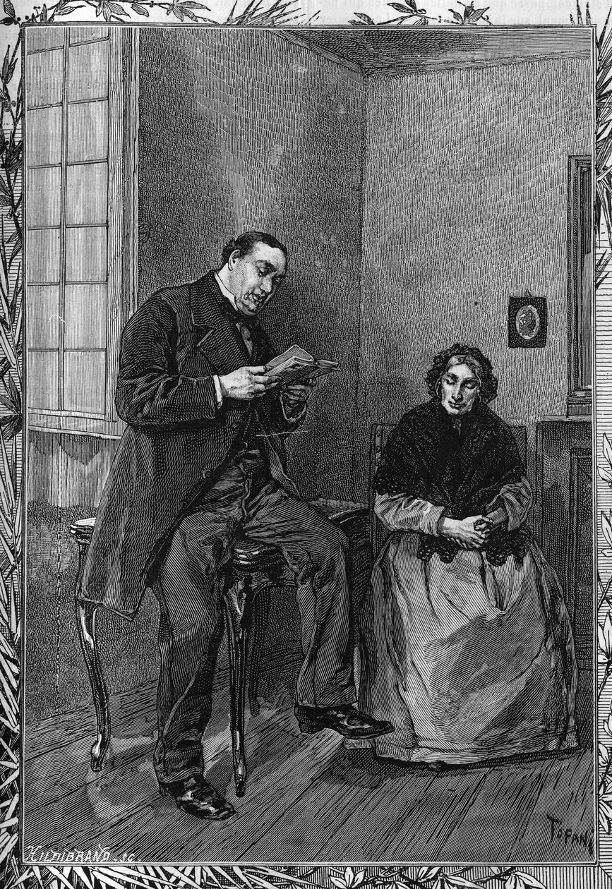 Komikern Moessard läser sin fru. Gravyr i den berömda journalen "" La jeunesse"" av Unknown artist