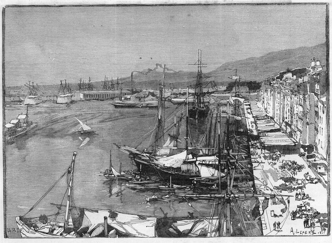 Kommersiella fartyg och arsenal i hamnen i Toulon (Var), Frankrike. Gravyr i "" Le Monde Illustré"" av Unknown artist