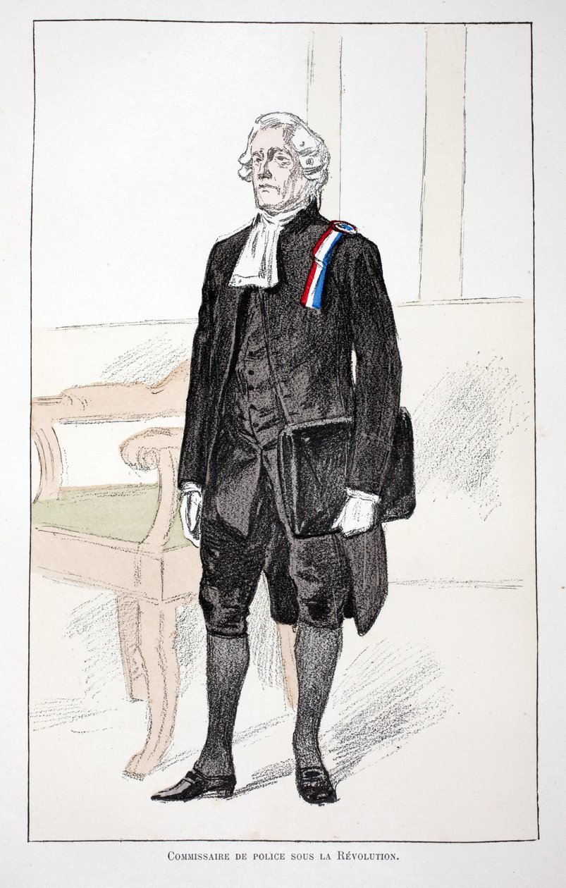 Poliskommissarie under revolutionen (1789-1799). Etsning i färger, för illustration "" History of the Corps of Peacekeepers""" bok publicerad under beskydd av Louis Lepine (1846-1933), prefekt för polisen på Seine, av Alfred Rey (18) av Unknown artist