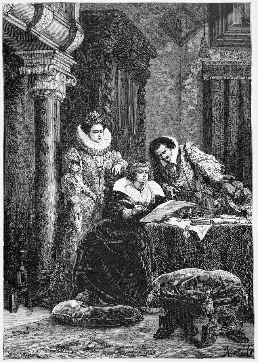 Concini, Leonore Galigai och Marie de Medici. Gravyr i "Histoire de France" från de mest avlägsna tiderna fram till 1789 av M. Guizot av Unknown artist