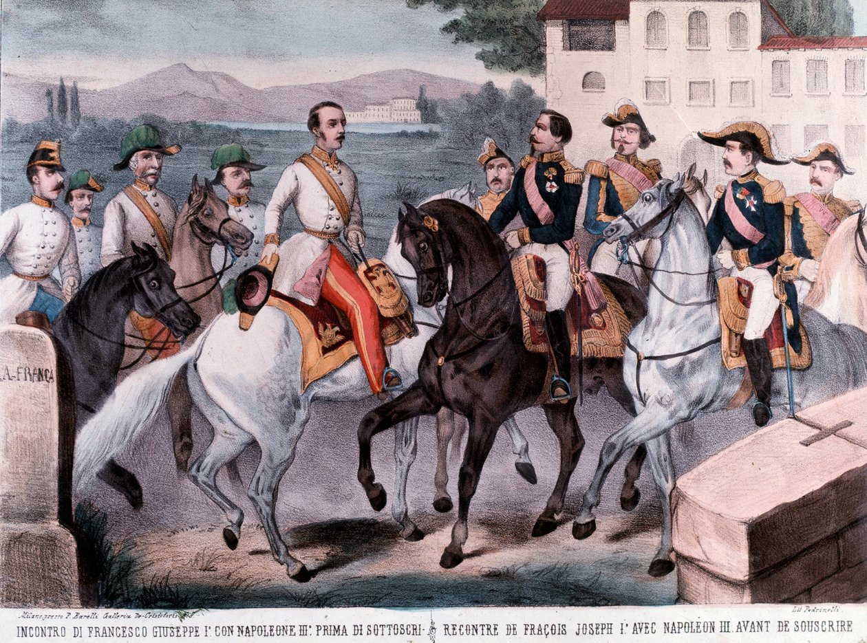Konferensen i Villafranca, möte mellan den franske kejsaren Napoleon III och kejsaren Frans Josef I, om den preliminära freden i Österrike (1859) (gravyr) av Unknown artist