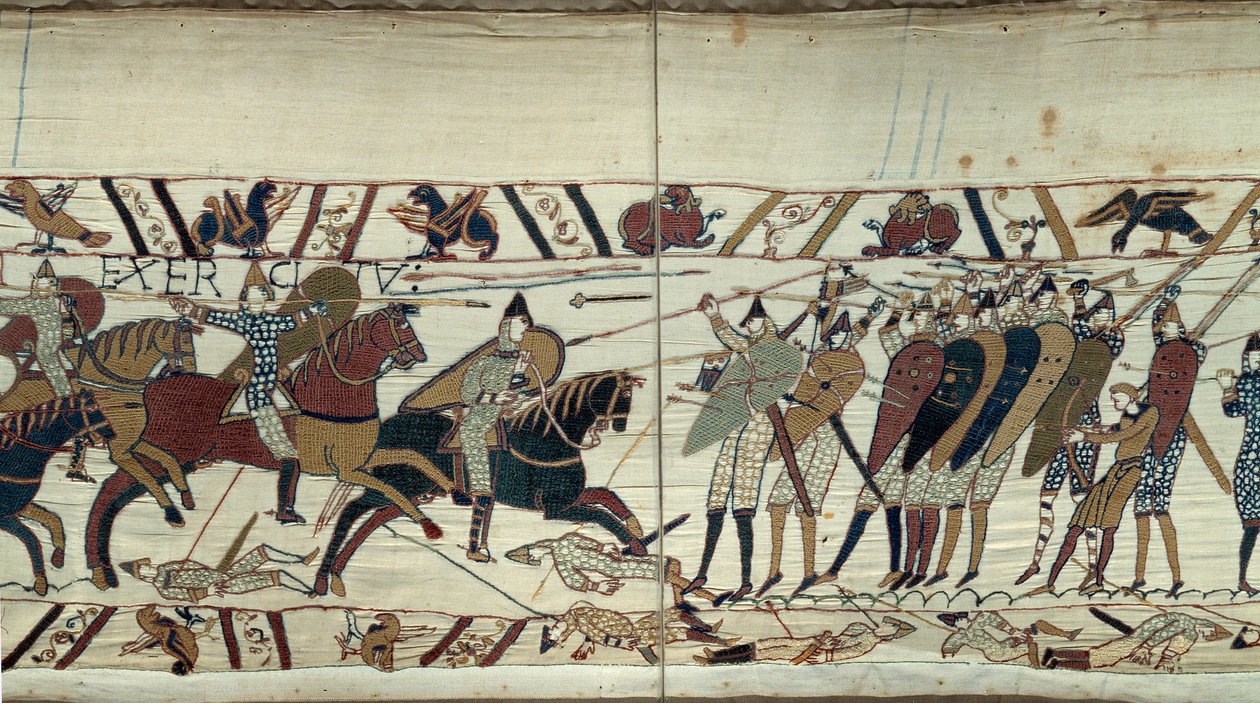 Erövra England av Vilhelm Erövraren (1027-1087) 1066, stridsscen mellan det normandiska kavalleriet som laddar det sachsiska infanteriet av kung Harold II av England Detalj av Bayeuxtapet eller broderi av drottning Mathilde av Unknown artist