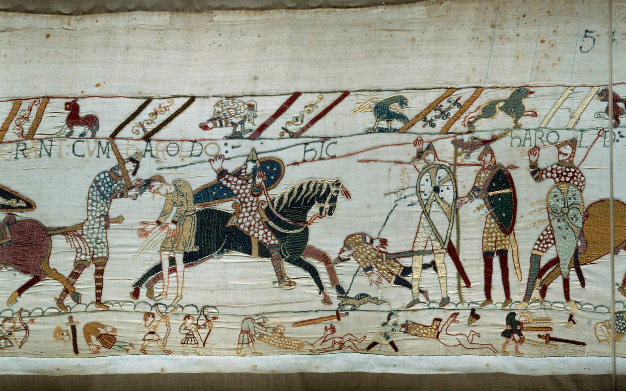 Erövring av England av hertigen av Normandie Vilhelm Erövraren (1027-1087) 1066: normanderna massakerar de sachsiska arméerna, kung Harold dödas av en pil som hittas i ögat. Detalj av gobelängen av Bayeux eller broderi av drottning Mathilde av Unknown artist