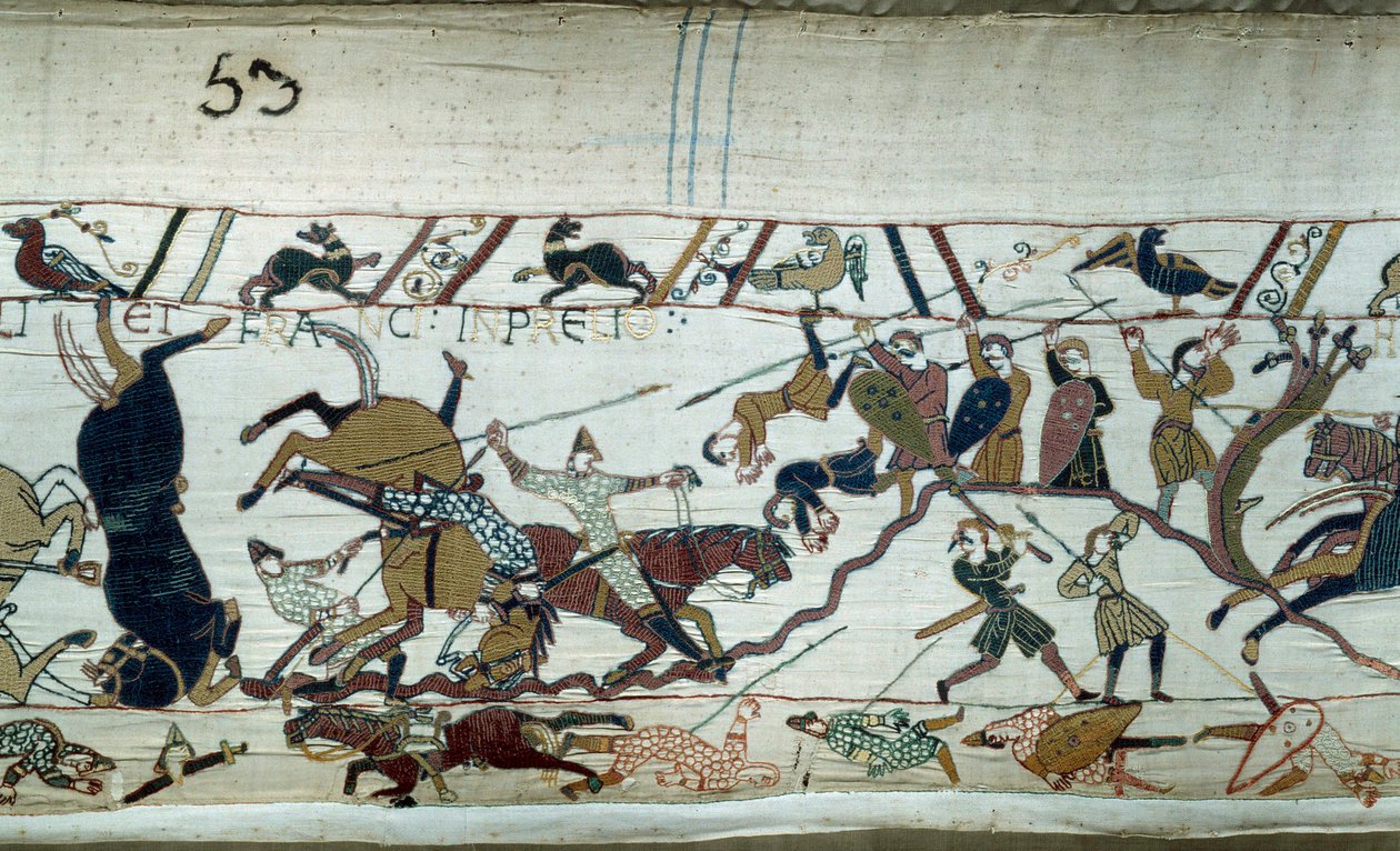 Erövring av England av hertigen av Normandie Vilhelm Erövraren (1027-1087) 1066: Slaget vid Hastings Detalj av Bayeuxtapet eller broderi av drottning Mathilde av Unknown artist