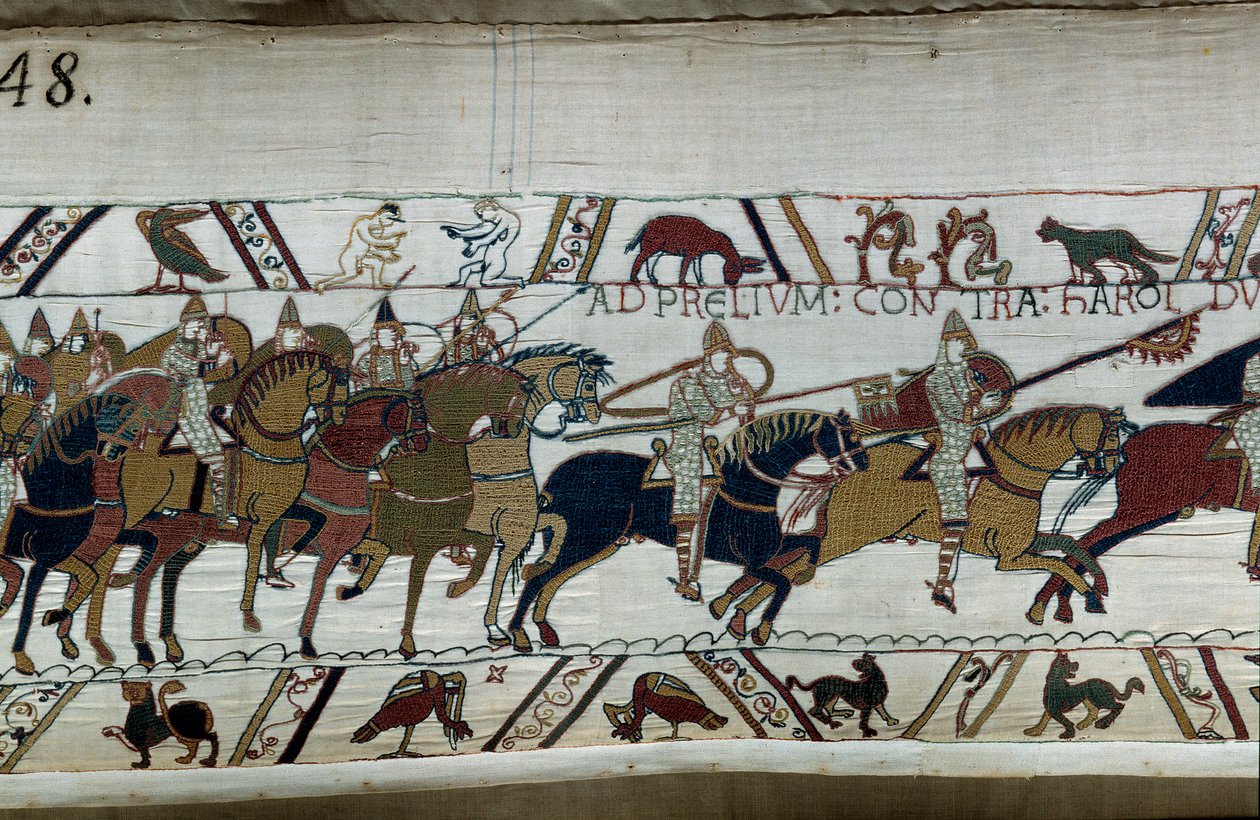 Erövring av England av den normandiske hertigen Vilhelm Erövraren (1027-1087) 1066: hans armé avancerar mot Harold II a Hastings. av Unknown artist