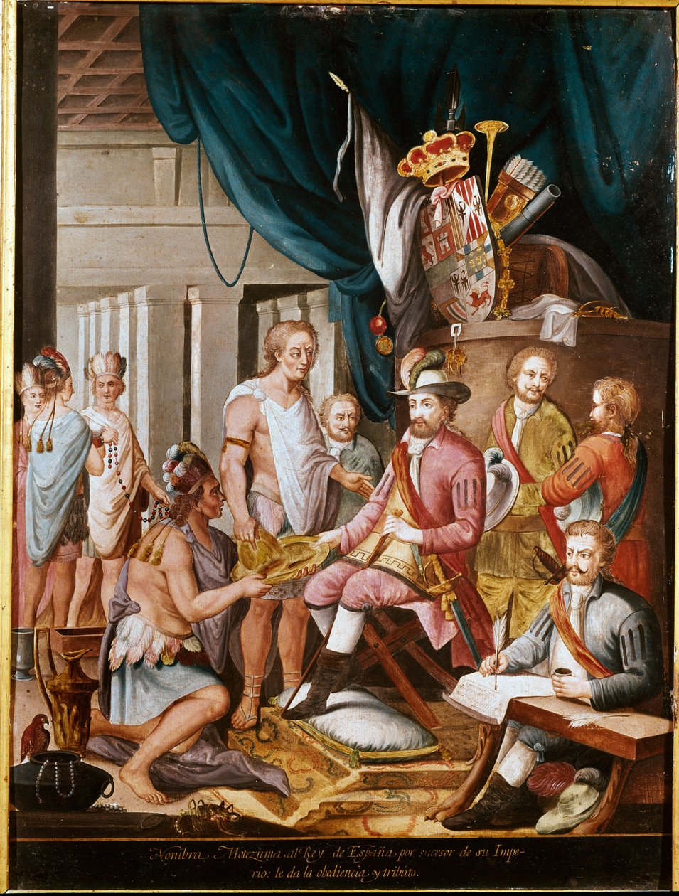 Erövringen av Mexiko: Montezuma (eller Moctezuma II), aztekisk kejsare (1466-1520) erbjuder presenter till erövraren Hernan Cortez (eller Cortes) (1485-1547) och svär lojalitet till kungariket Spanien. Anonym målning. Madrid. Museum of America. av Unknown artist
