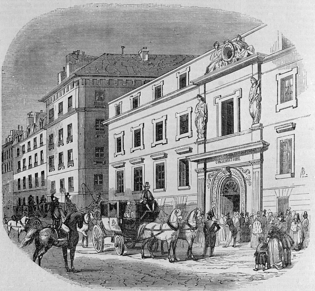 Musikkonservatoriet i rue du Faubourg Poissonniere i Paris: konsertinträde. Gravyr från 1860 av Unknown artist