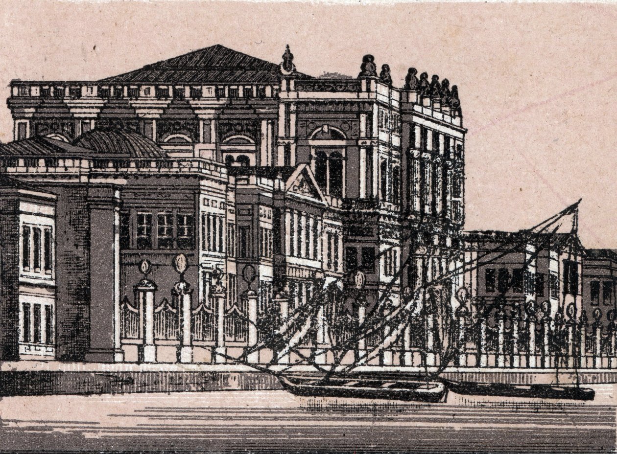 Konstantinopel, Turkiet: utsikt över det kejserliga palatset vid Dolma Bagusche (kejsarpalatset). i "" Världen illustrerar 168 vyer"" Odaterat (slutet av 1800-talet) av Unknown artist