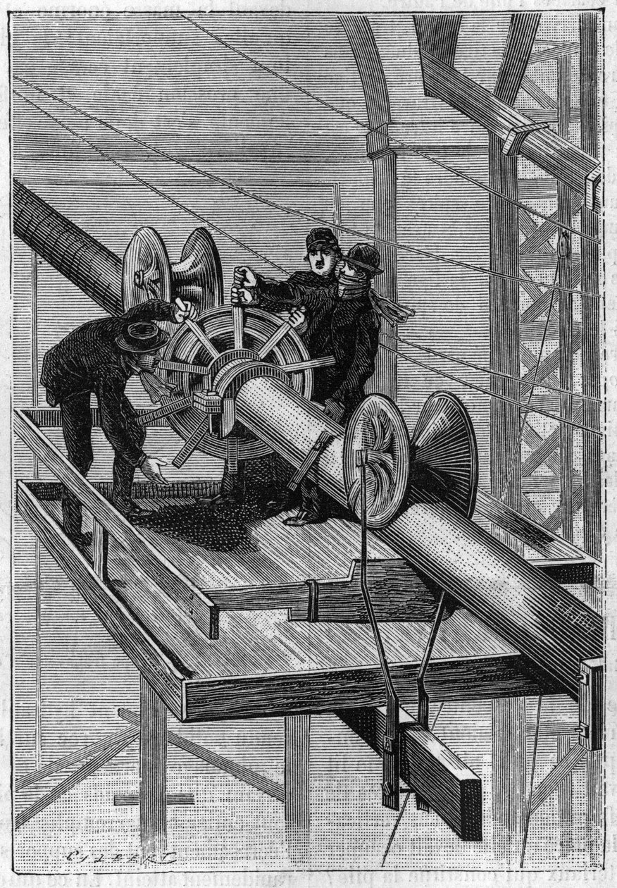 Konstruktion av Brooklyn Bridge i New York: Maskin som används för att täcka de 19 sekundära kablarna med spiral ståltråd till en enda kabel. Gravyr från 1883. av Unknown artist