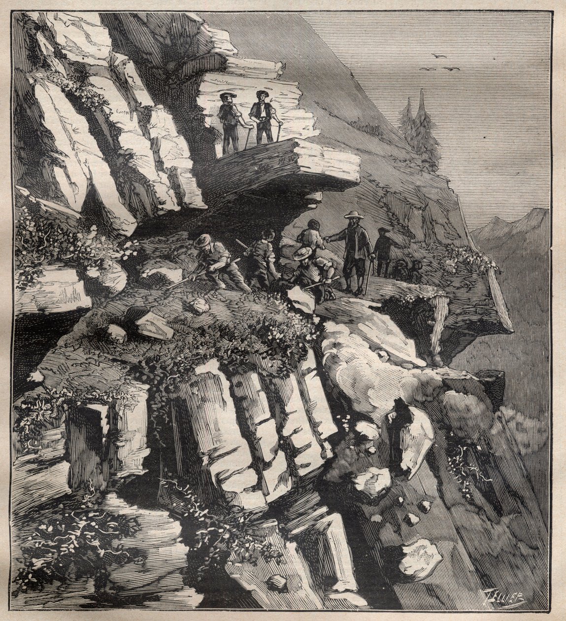 Konstruktion av en bergsväg i Alperna - Gravyr i "La Science francaise"" av Unknown artist