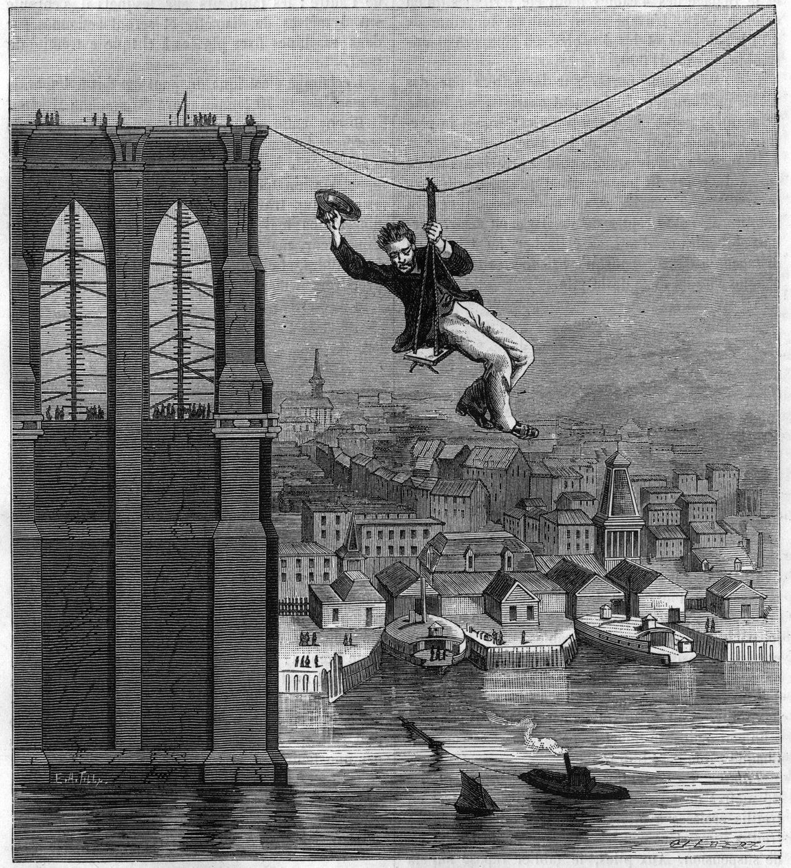 Konstruktion av Brooklyn Bridge i New York: Mr. Farrington, byggnadsmekaniker, flyttar från en hög till en annan med den första sträckta tråden (25 augusti) av Unknown artist
