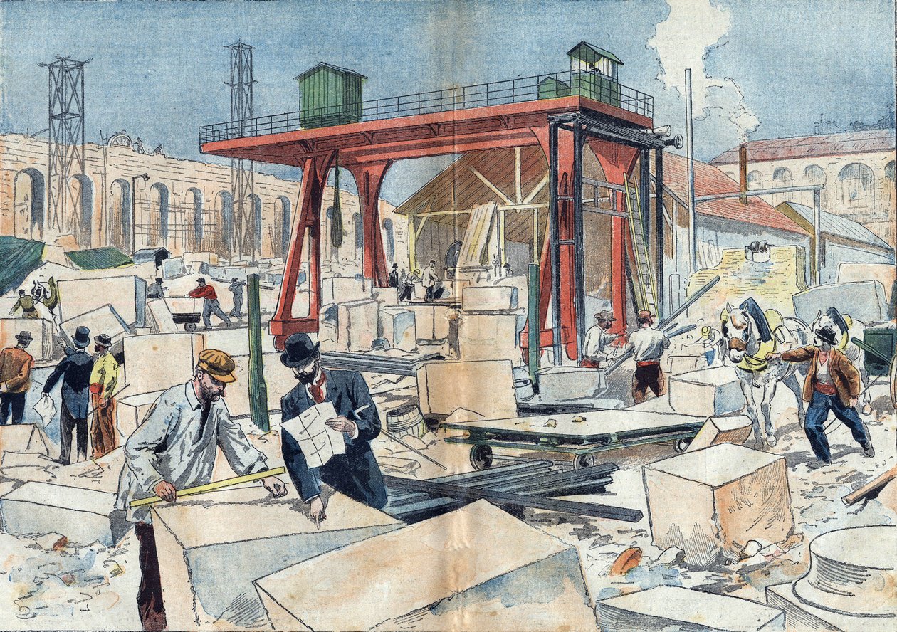 Byggandet av Grand Palais, i Paris 1898, med anledning av 1900 års världsutställning. I mitten, diamanthjulet för att skära skära skära stenar. Illustration i "" Le Pelerin"" den 3 juli av Unknown artist