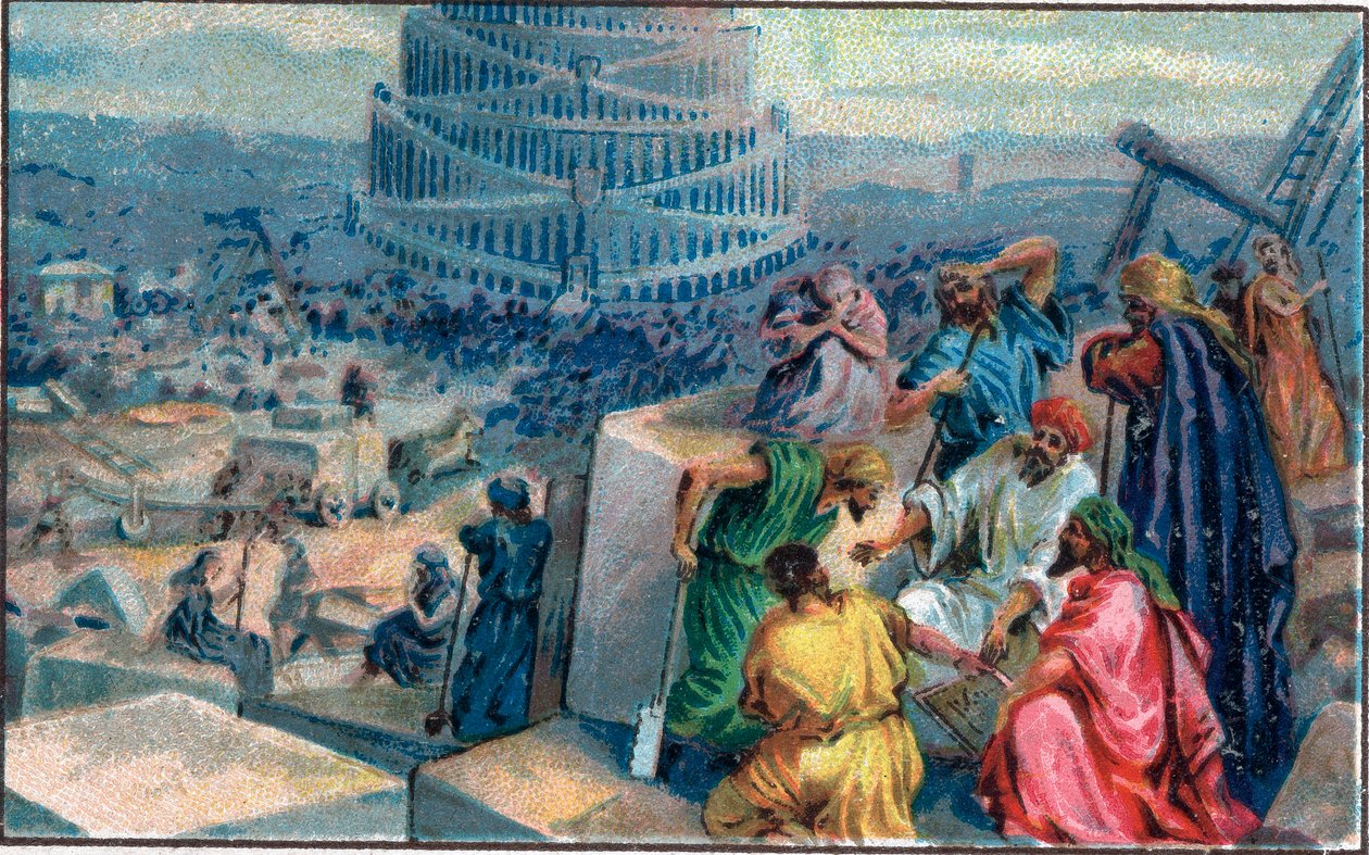 Byggandet av Babels torn. Kromolitografi från slutet av 1800-talet. av Unknown artist
