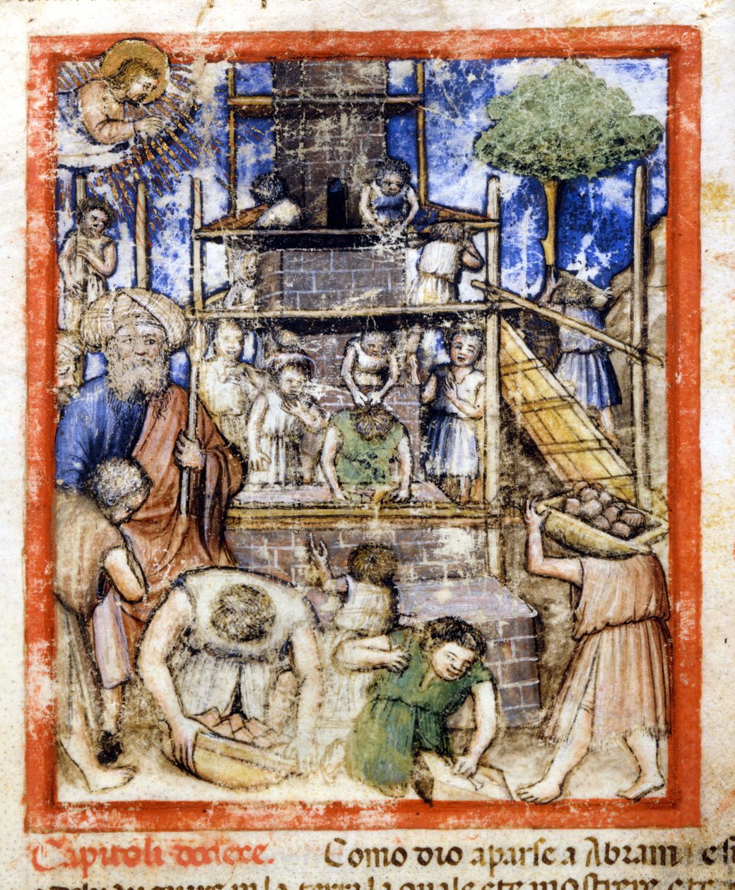 Byggandet av Babels torn. Miniatyrer från codex 212 (eller Padovano Codice eller Bible of Padua) 1390-1400 Rovigo, Accademia dei Concordi av Unknown artist