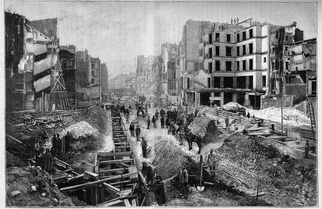 Konstruktion på Reaumur Street - Förvandlingar av Paris under andra imperiet, Haussmann Paris (Boulevard, Haussmann verk) - Le Percement de la Rue Reaumur i 3:e arrondissementet i Paris av Unknown artist