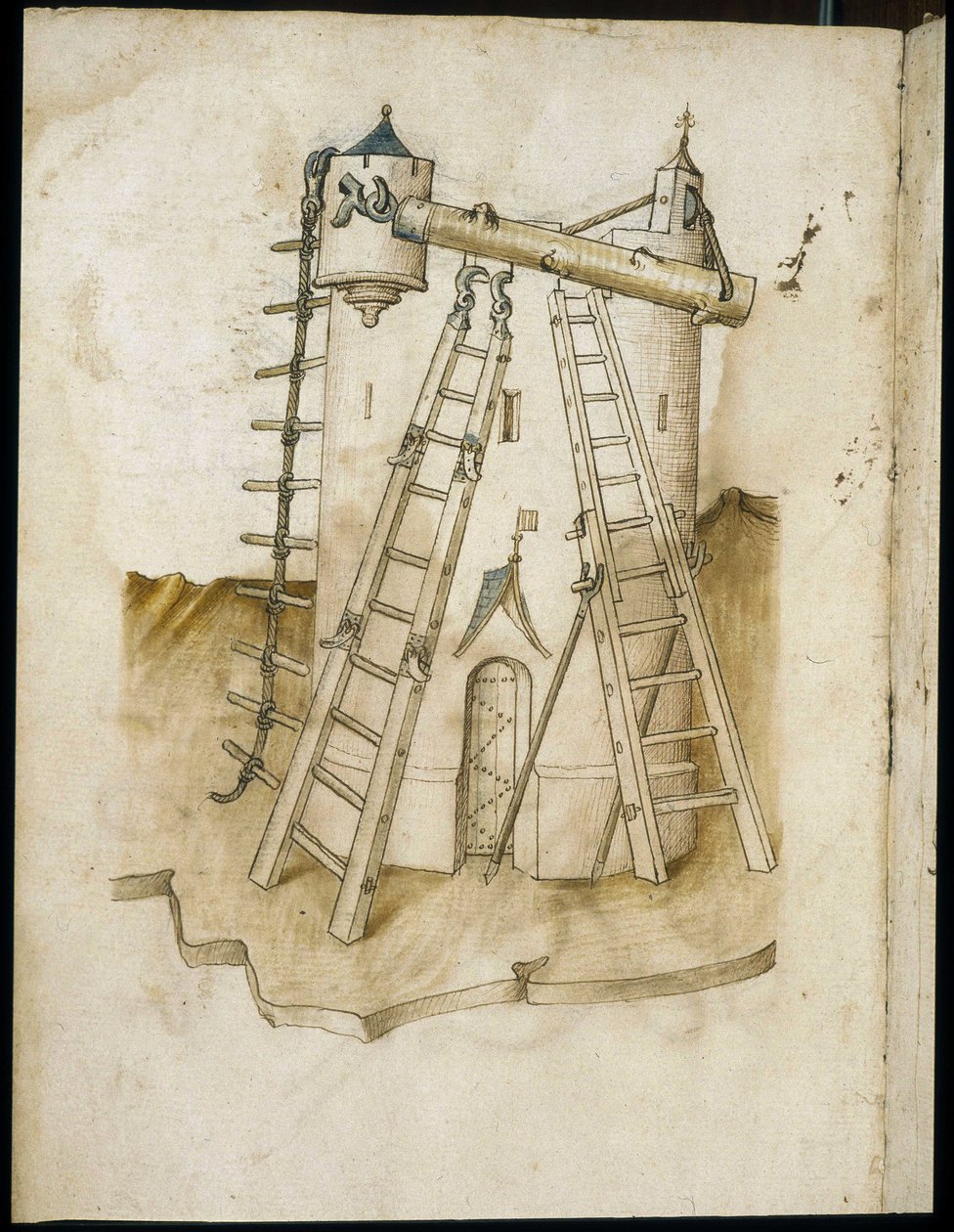 Byggnadsarbete - Manuskript: pergamentark av en ingenjörsmanual för konstruktion av civila, religiösa och militära byggnader, anonym, sent 1400-tal (figur med kinesiskt bläck) av Unknown artist