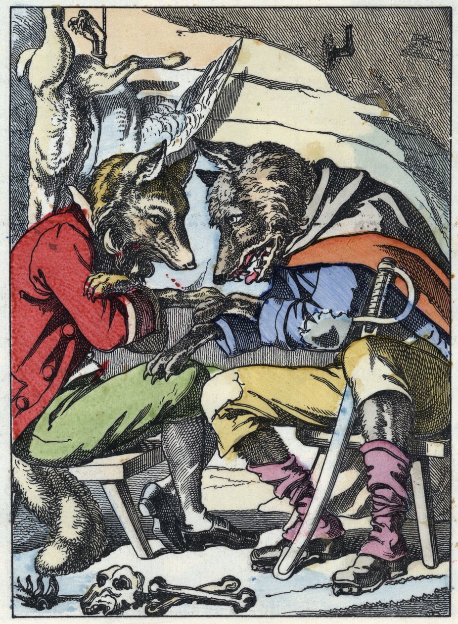 Samtal mellan vargen och räven. Illustration av berättelsen "Compere le Loup, Maitre Renard, Comere la Chevre et ses petits biquets"" efter en fabel av Jean de la Fontaine. I "" Sagor från hemmet för de minsta"". Anonym gravyr av av Unknown artist