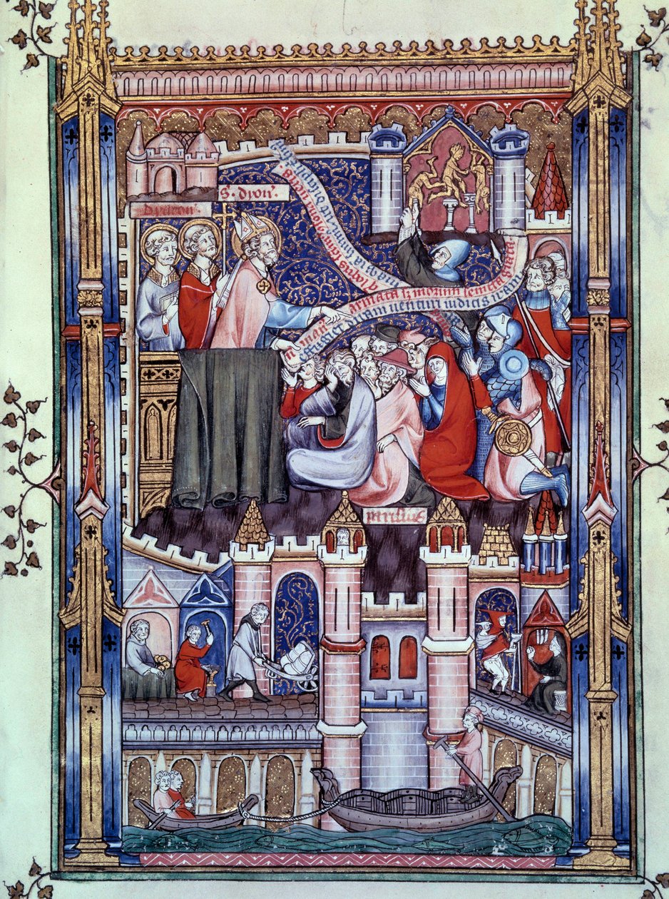 Parisians omvandling: på en bro i Paris, där guldsmedsbutiker finns, bryter parisarna idoler till guld. Miniatyr från manuskriptet "" Life of Saint Denis"" av Yves, munk av Saint-Denis av Unknown artist