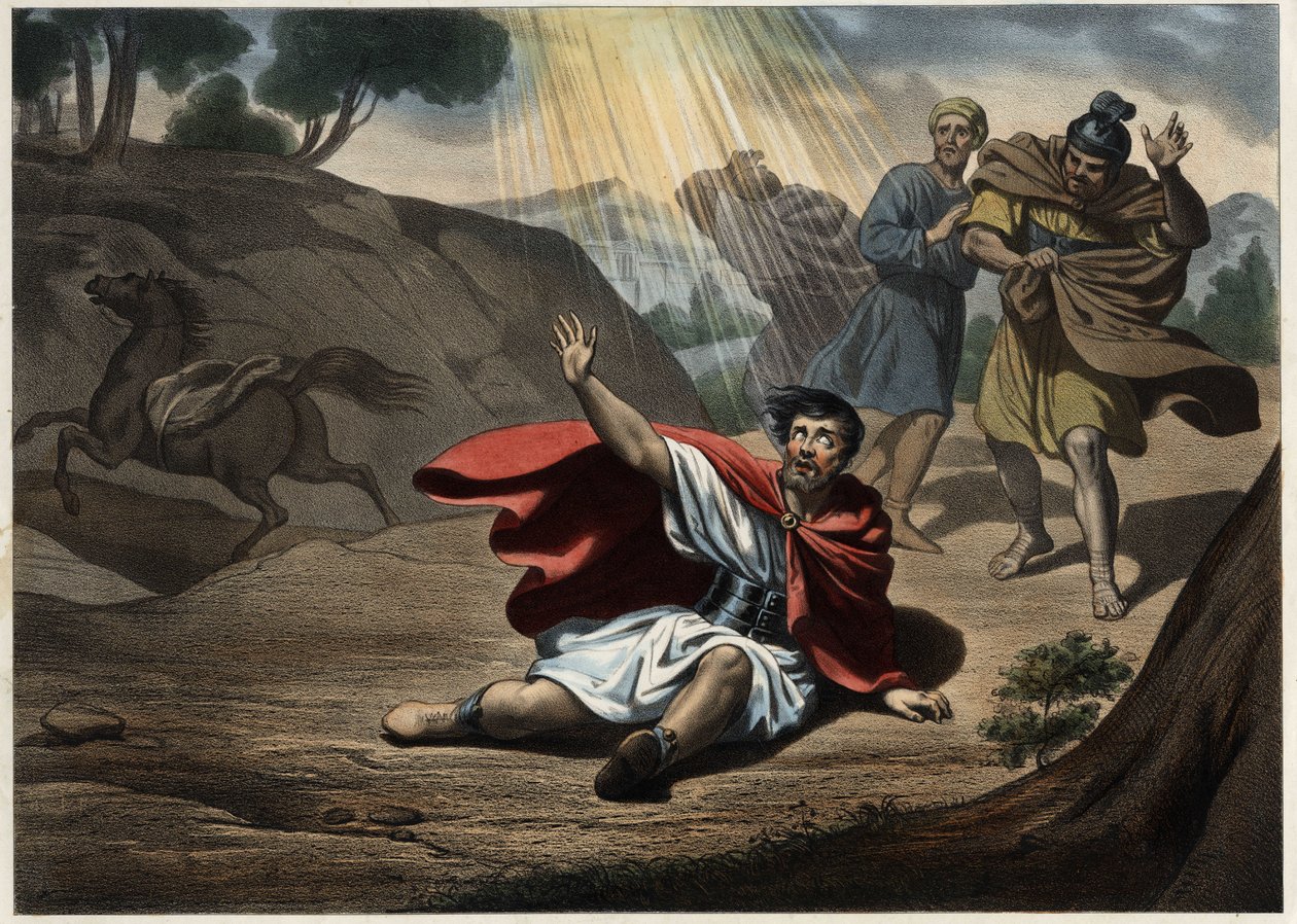 Omvändelse av St. Paul. Kristi vision på vägen till Damaskus, varefter den helige Paulus konverterade till kristendomen hade han kämpat mot fram till dess. Anonym gravyr från mitten av 1800-talet. av Unknown artist