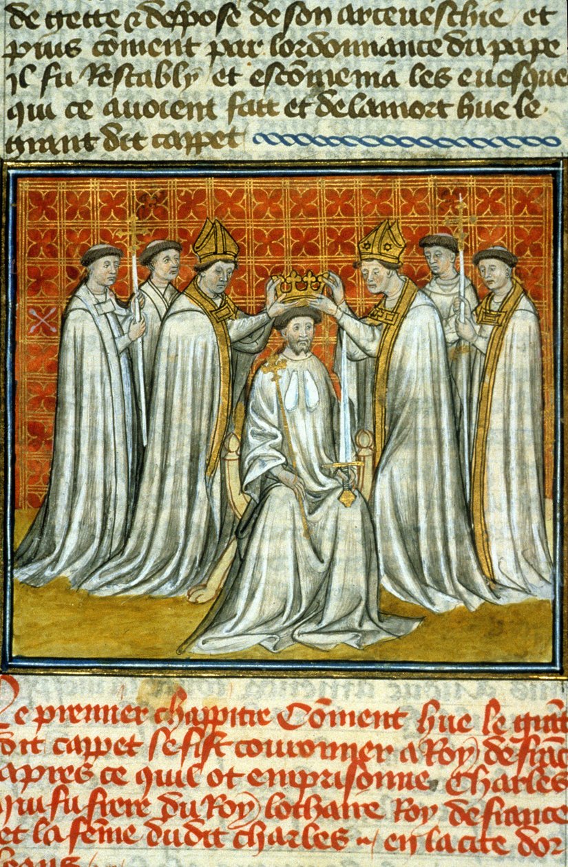Kröning av Hugues Capet (987) av Adalberon (ca. 925-990), ärkebiskop av Reims - Belysning av manuskript på velin från medeltiden "" Great Chronicles of Saint-Denis"" sent 1300-tal (ref.512) av Unknown artist