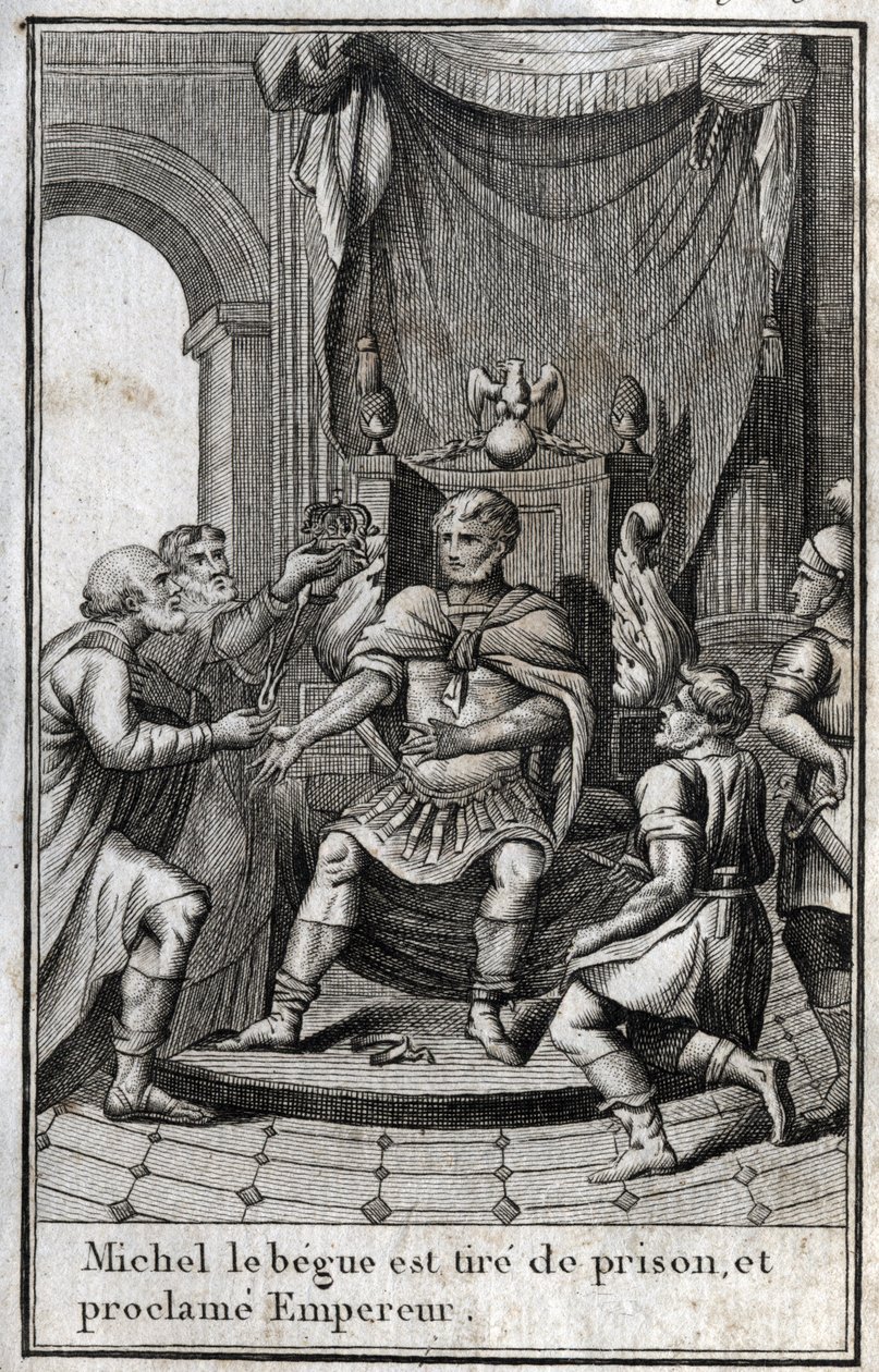 Kröning av Michael II amorianen (begen) (770-829) till bysantinsk kejsare efter hans frigivning från fängelset 820. Han är grundaren av den amoriska dynastin. Gravyr i "Beaute de l