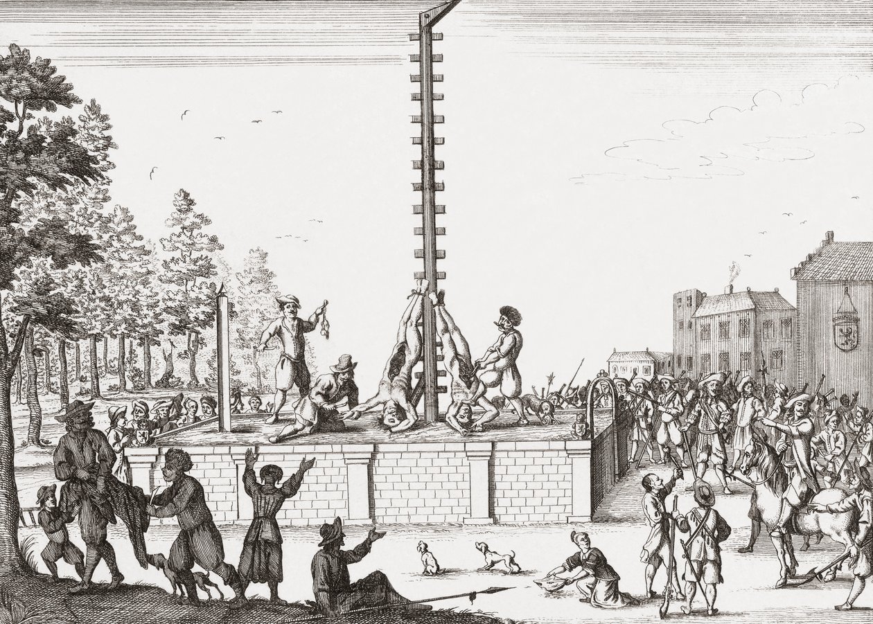 Lik av Johan och Cornelis de Witt hängande på galgar. av Unknown artist