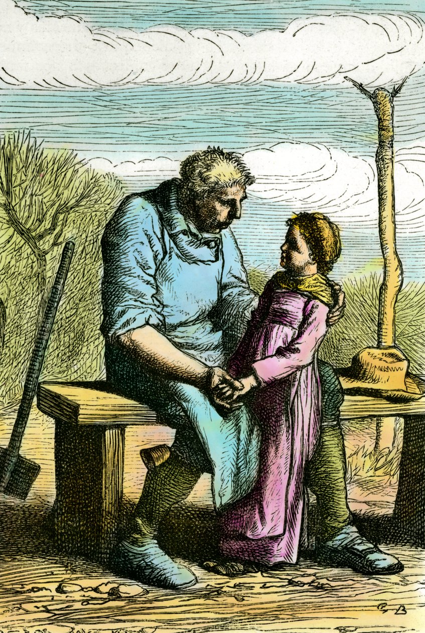 Cosette och Jean Valjean. Illustration till romanen "Les miserables" av Victor Hugo (1802-1885) Gravyr från 1865 Privat samling av Unknown artist