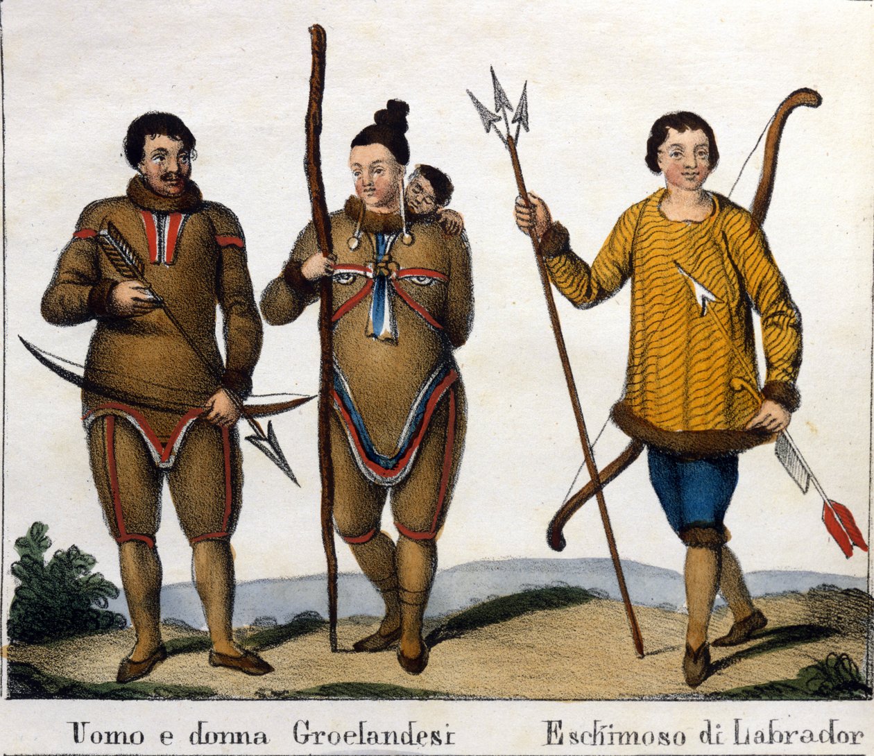 Kostym. Till vänster: Ett par grönlandseskimåer med sitt barn. Till höger: Labrador Eskimo. Litografi i början av 1800-talet av Unknown artist
