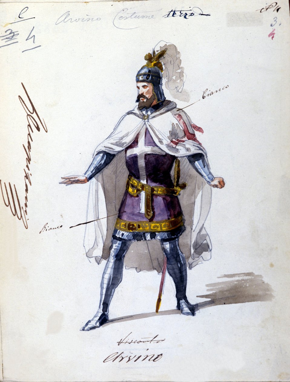 Kostym för operan "" I Lombardi"" eller "" Les Lombards à la première Crusade"" komponerad av Giuseppe Verdi (1813 - 1901) 1843. Anonym akvarellteckning. Alvino karaktär för föreställningen på Scala i Milano. av Unknown artist