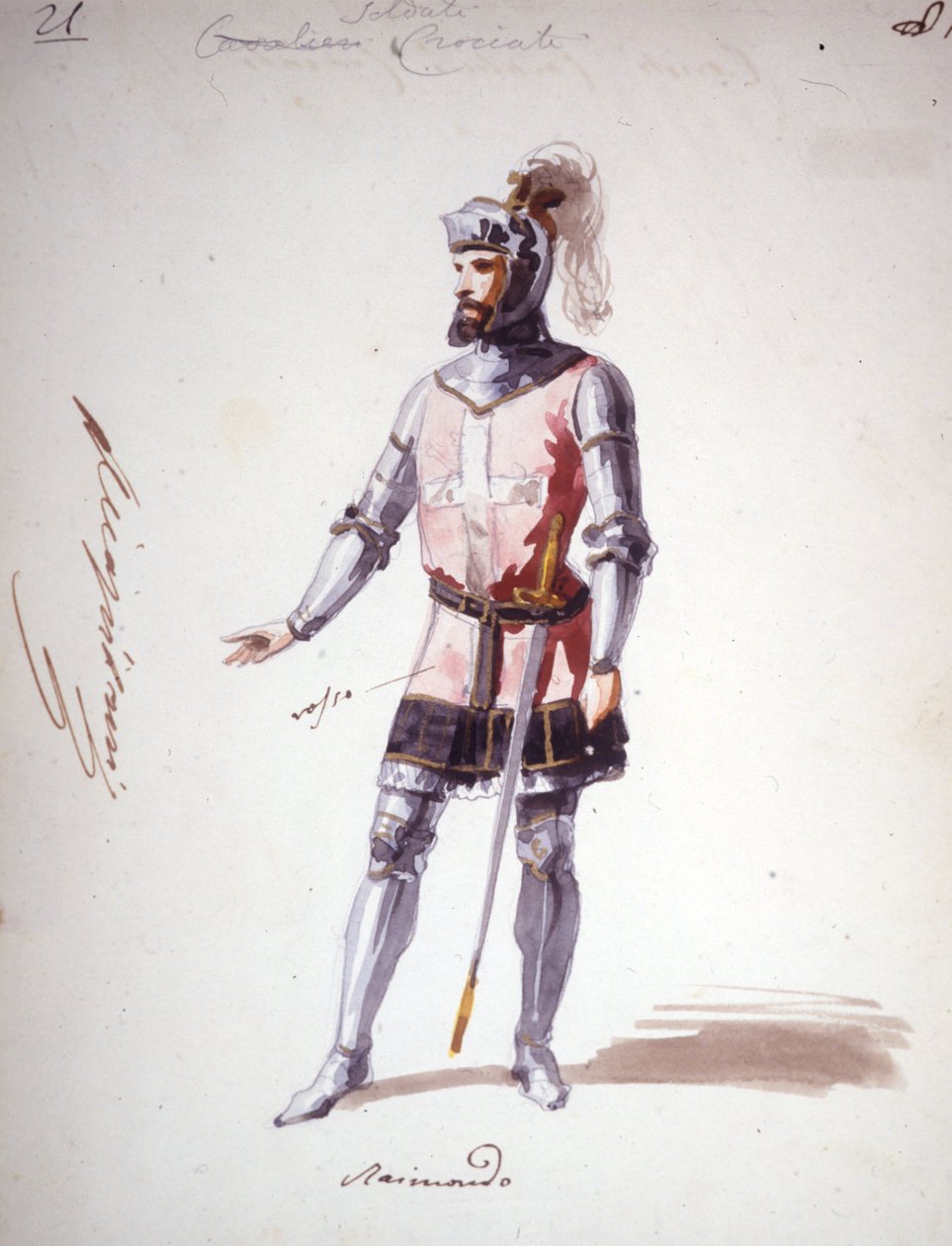 Kostym för operan "" I Lombardi"" eller "" Les Lombards à la première Crusade"" komponerad av Giuseppe Verdi (1813 - 1901) 1843. Anonym akvarellteckning. Karaktär av Raimondo för föreställningen på Scala i Milano. av Unknown artist