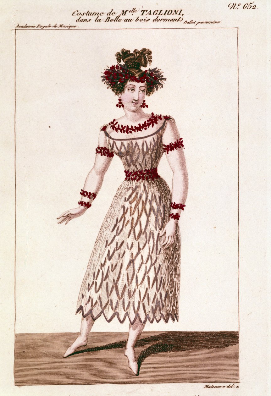 Kostym av dansaren Maria Taglioni (1804-1884) i baletten "Törnrosa"" av Piotr eller Petr Iljitsj Tjajkovskij (eller Tjajkovskij eller Ciajkovskij eller Tjajkovskij av Unknown artist