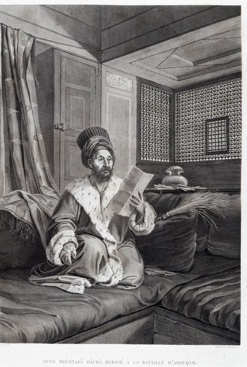 Kostymer och porträtt: Seyd Moustafa Pasha sårad i slaget vid Abouqyr (Aboukir) i "" Description of Egypt"", Imperial Publishing av Unknown artist