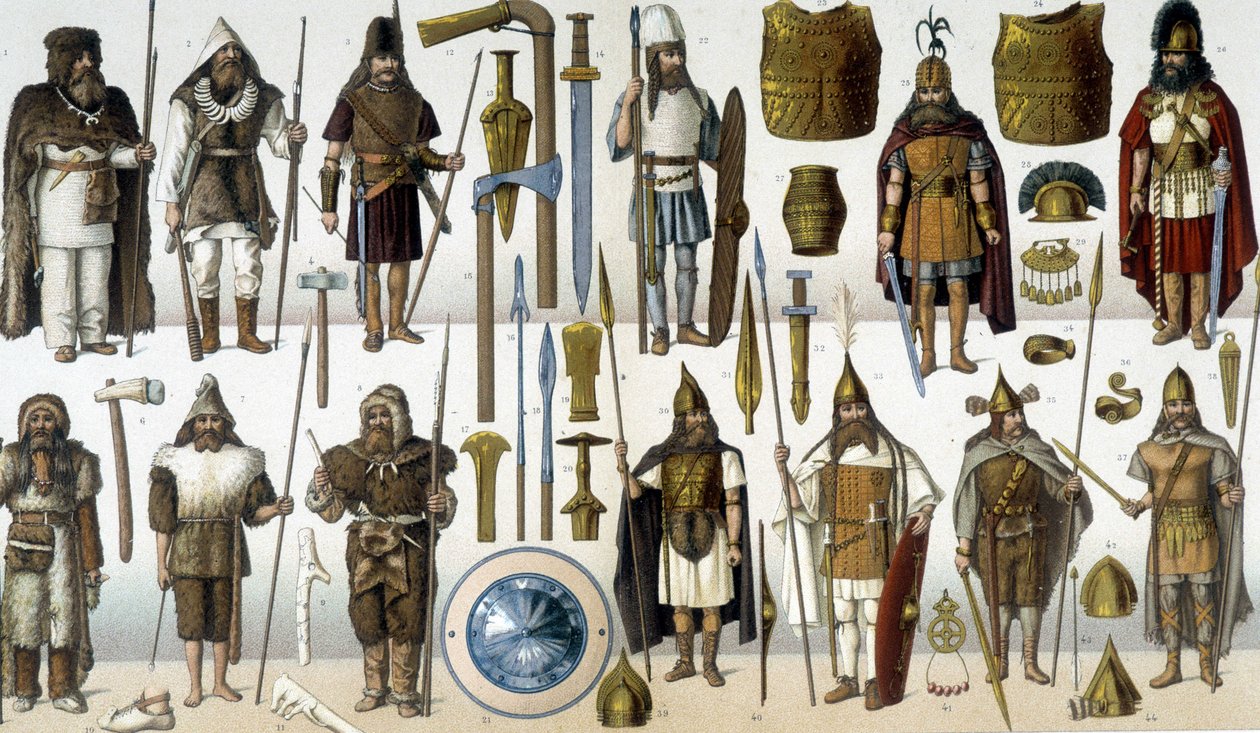 Kostymer, rustningar och vapen från barbariska krigare av Unknown artist