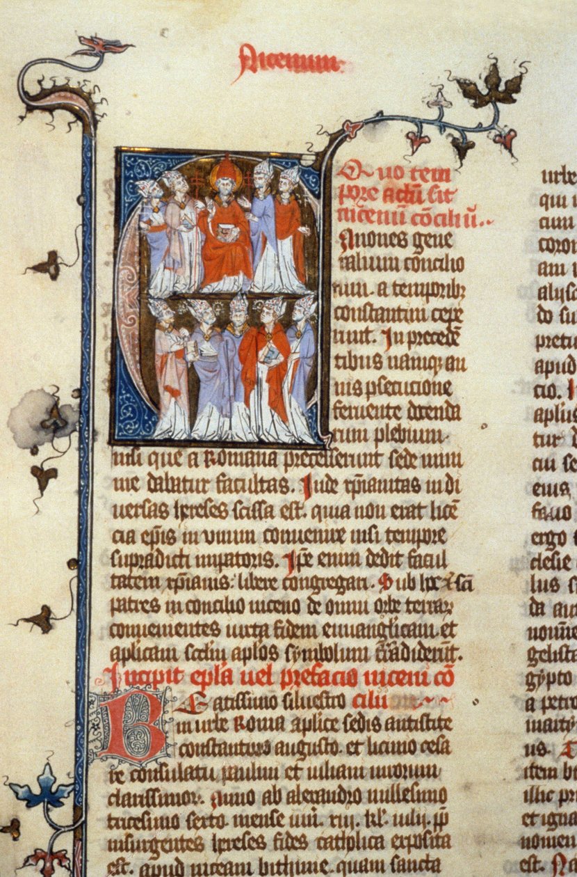 Konciliet i Nicaea - manuskriptbelysning (gammal latinsk översättning av de första ekumeniska konciliet som tillskrivs Isidore), medeltid (ref. 365, 351r). B. Herr Toulouse. Ansökan om auktorisation till Toulouse kommunala bibliotek (tel: 05 62 27 66 av Unknown artist