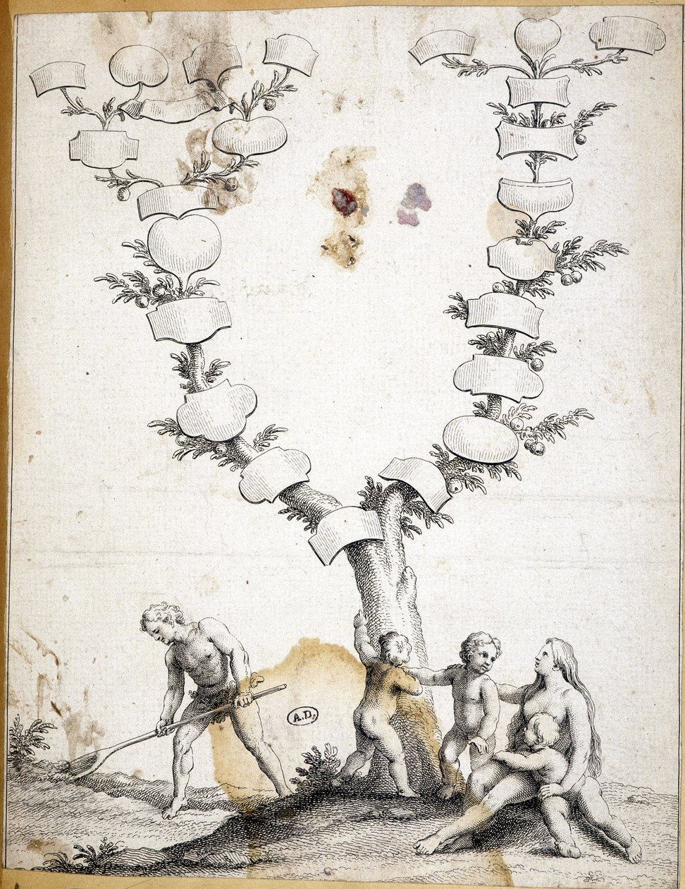 Par med barn vid foten av ett jungfruligt släktträd - gravyr av Unknown artist