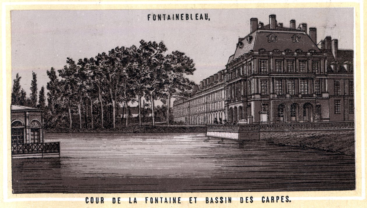 Domstol för fontänen och Bassin des carps i Fontainebleau (Seine och Marne, regionen Ile-de-France, Frankrike). Kromolitografi från slutet av 1800-talet. av Unknown artist