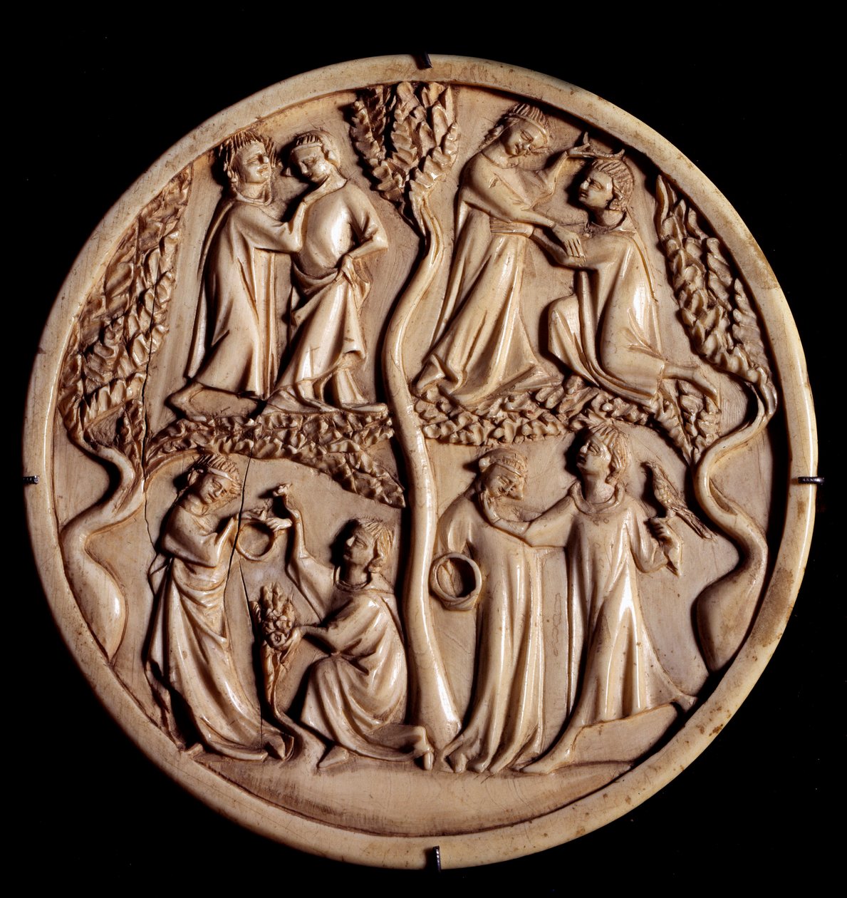 Artiga kärleksscener. Elfenbensspegelboxventiler. Början av 1300-talet. Dämpa. 11 cm. Paris, Louvren av Unknown artist