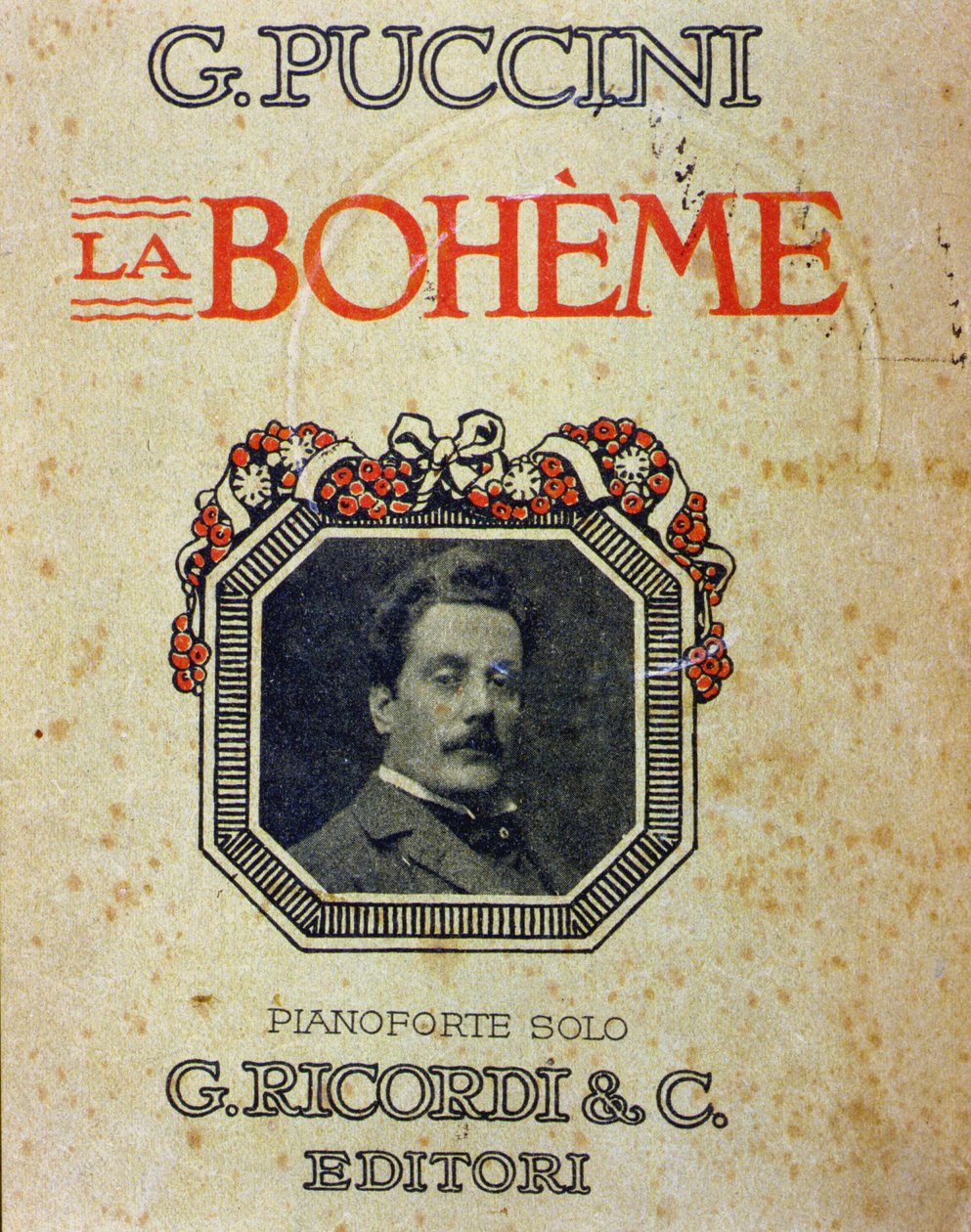 Omslag till partituret "" La Bohème"" av Puccini (1858-1924) med hans porträtt. av Unknown artist