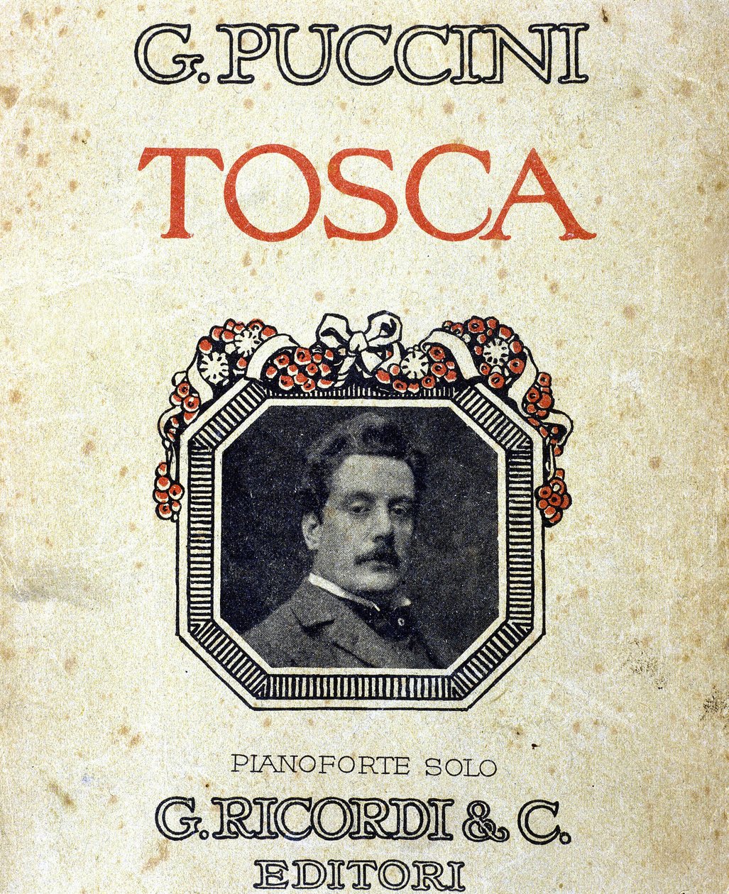 Omslag till partituret "Tosca"" av Giacomo Puccini (1858-1924) med hans porträtt. av Unknown artist