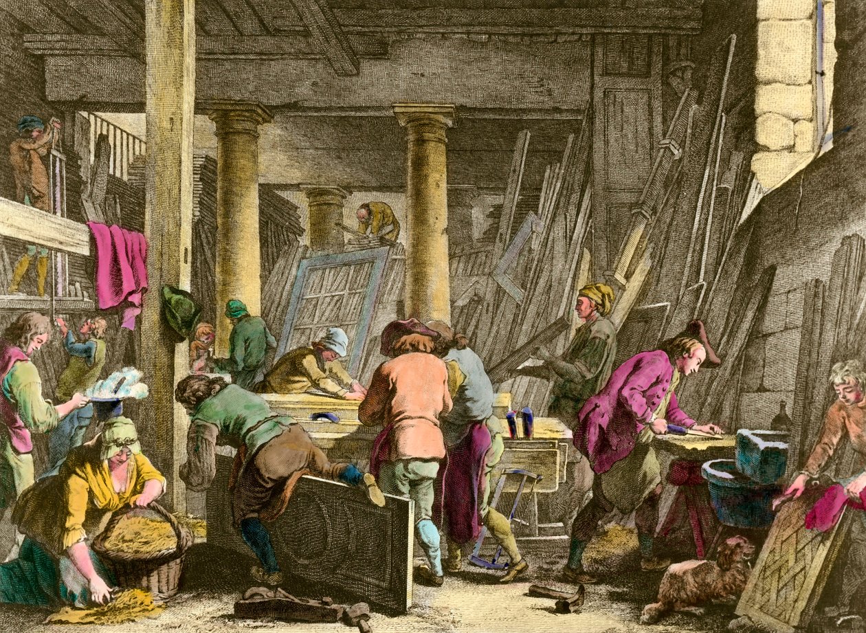 Hantverk: "" Sieur Jadot-snickarens verkstad"" Arbetare i arbete på 1700-talet. Gravyr av 1800-talet. Privat samling av Unknown artist
