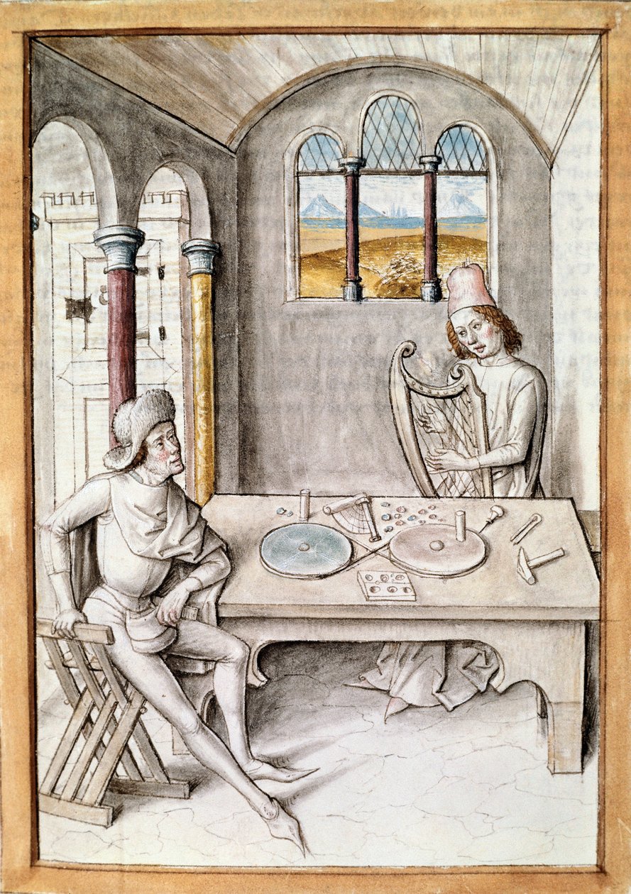 Hantverk: harpfaktor. En verkstad för tillverkning av instrument. Miniatyr från ett manuskript av "The Fables of Bidpai" av Unknown artist