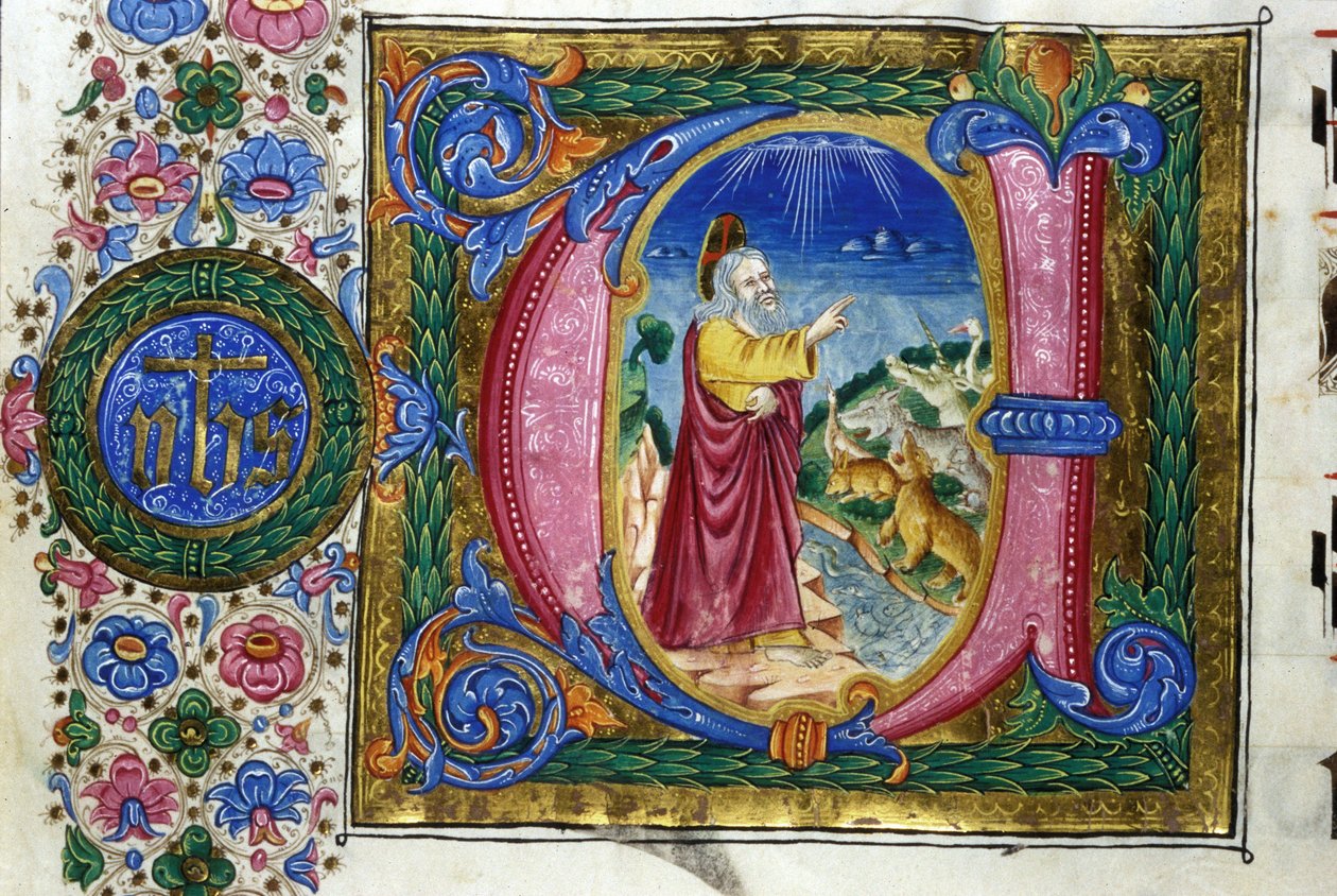 Skapelse: Gud framför jordens varelser. 1400-talsmanuskript. Bibl. Nazionale Braidense, Milano. av Unknown artist