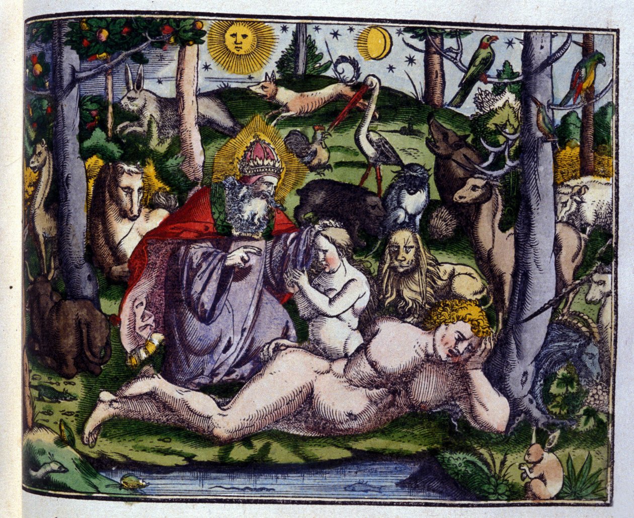 Skapelse: Gud representerad omgiven av människor och djur (hund, trana, lejon, rådjur, bäver, apa, enhörning, vildsvin, papegojor, kanin...), enligt Historiae animalium av Konrad Gesner, Tiguri av Unknown artist
